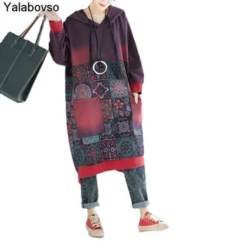  Vidurio Ilgai Gobtuvu Suknelės Kišenėje Moterų Rudenį Ilga Suknelė Retro Vintage Spausdinimo Kinijos Stilius, Tiesiai Puloveriai